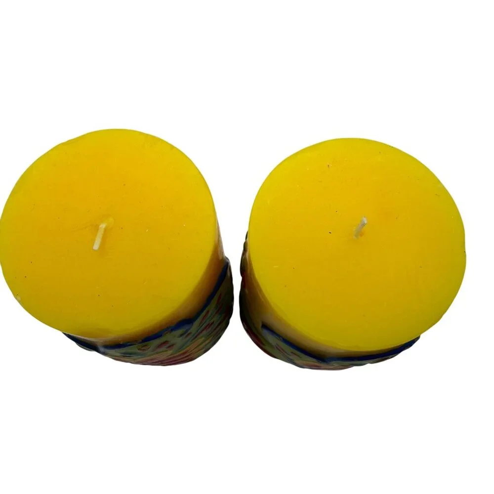 Pier 1 yellow peacock pillar candles set of two summer home decor lake house
